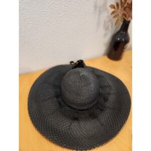 Vintage 80s 90s Black Wide Brim Hat Women Church Derby Tea Party